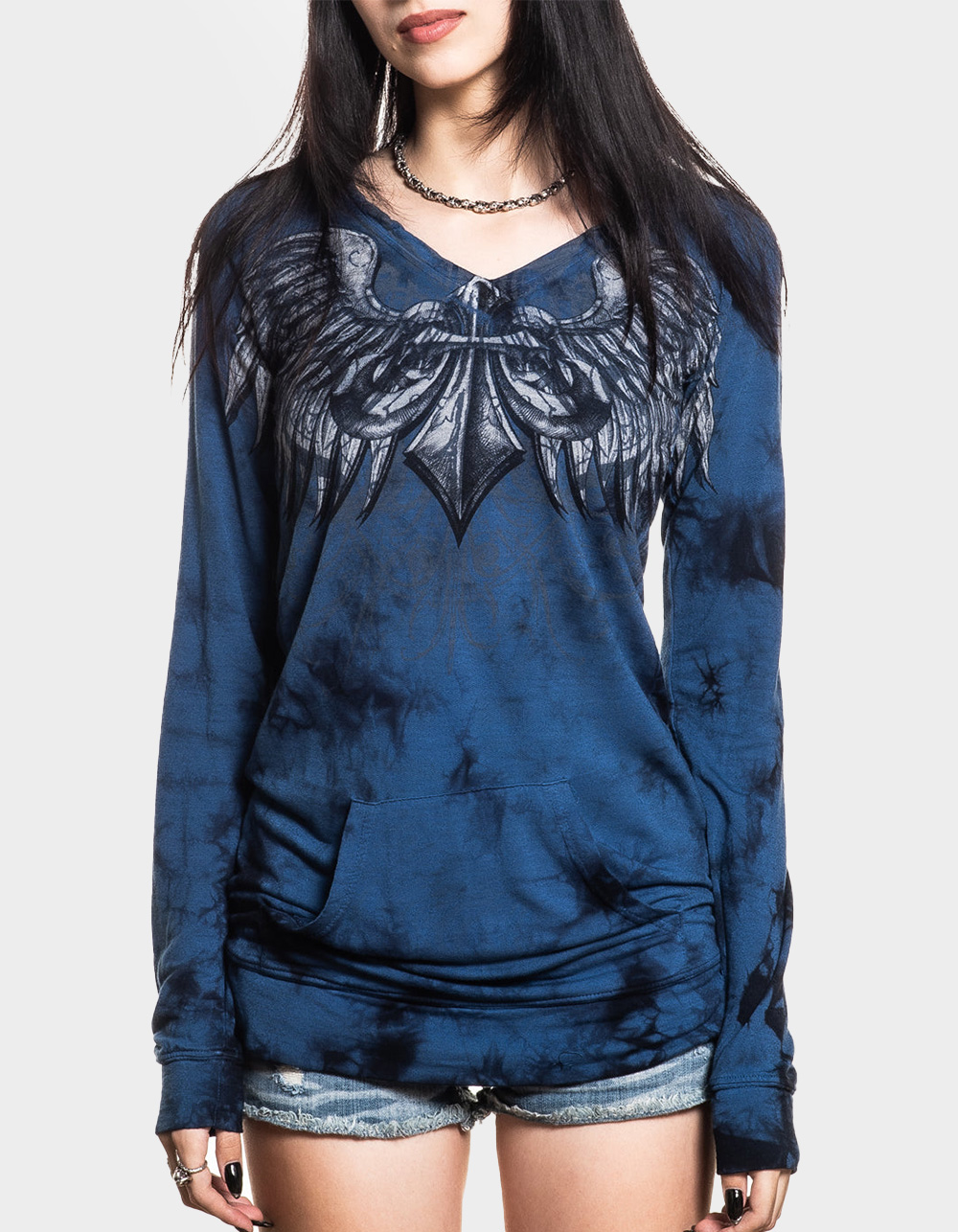 AFFLICTION Blade Killer Womens Long Sleeve Hooded Shirt - BLUE