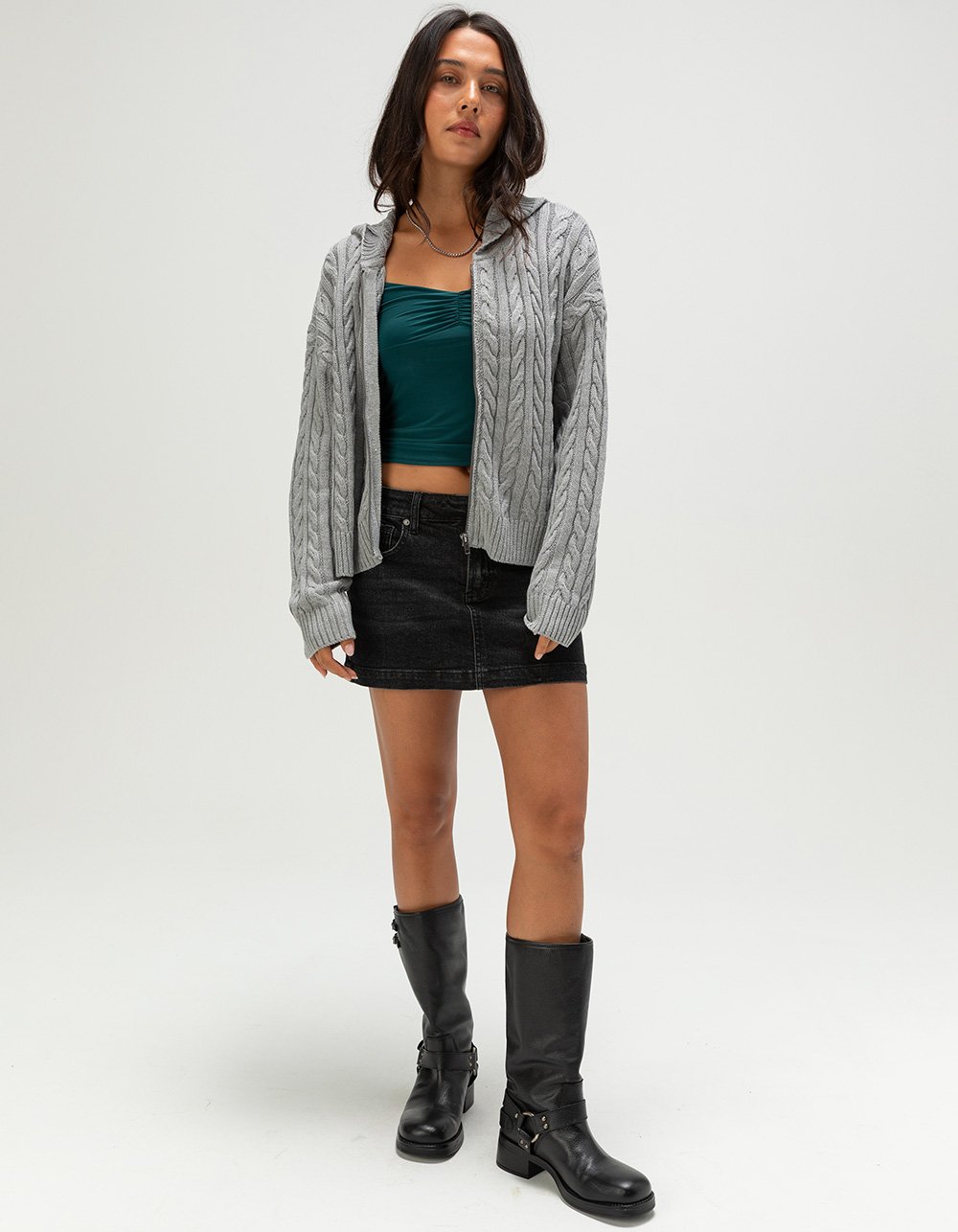 RSQ Womens Cable Knit Zip-Up Sweater - HEATHER GRAY