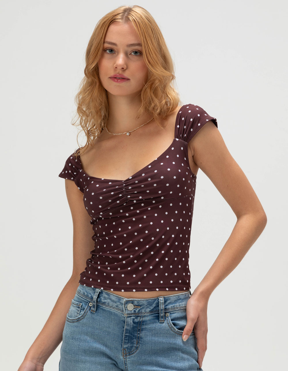 TILLYS Butter Soft Polka Dot Womens Cap Sleeve Cinch Front Top - BROWN COMBO