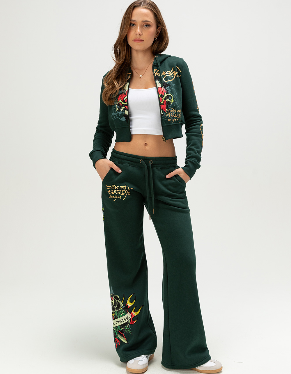 ED HARDY Sacred Heart Womens Zip-Up Rhinestone Hoodie - HUNTER