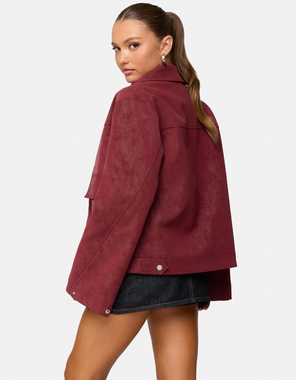 EDIKTED Annabelle Oversized Faux Suede Jacket - DK RED