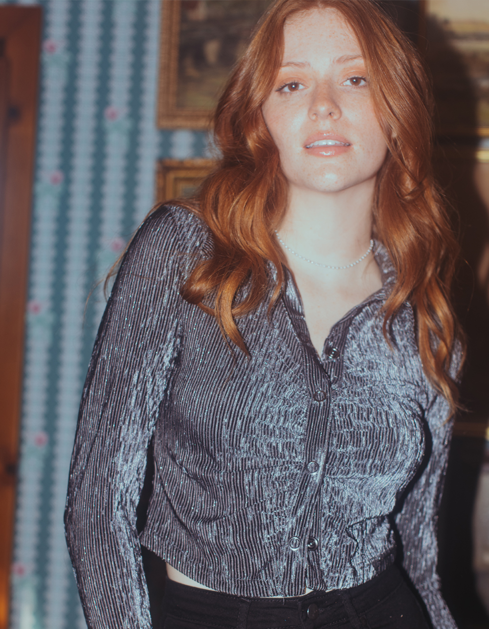 DAISY STREET Velvet Ruched Womens Shirt - STEEL BLUE