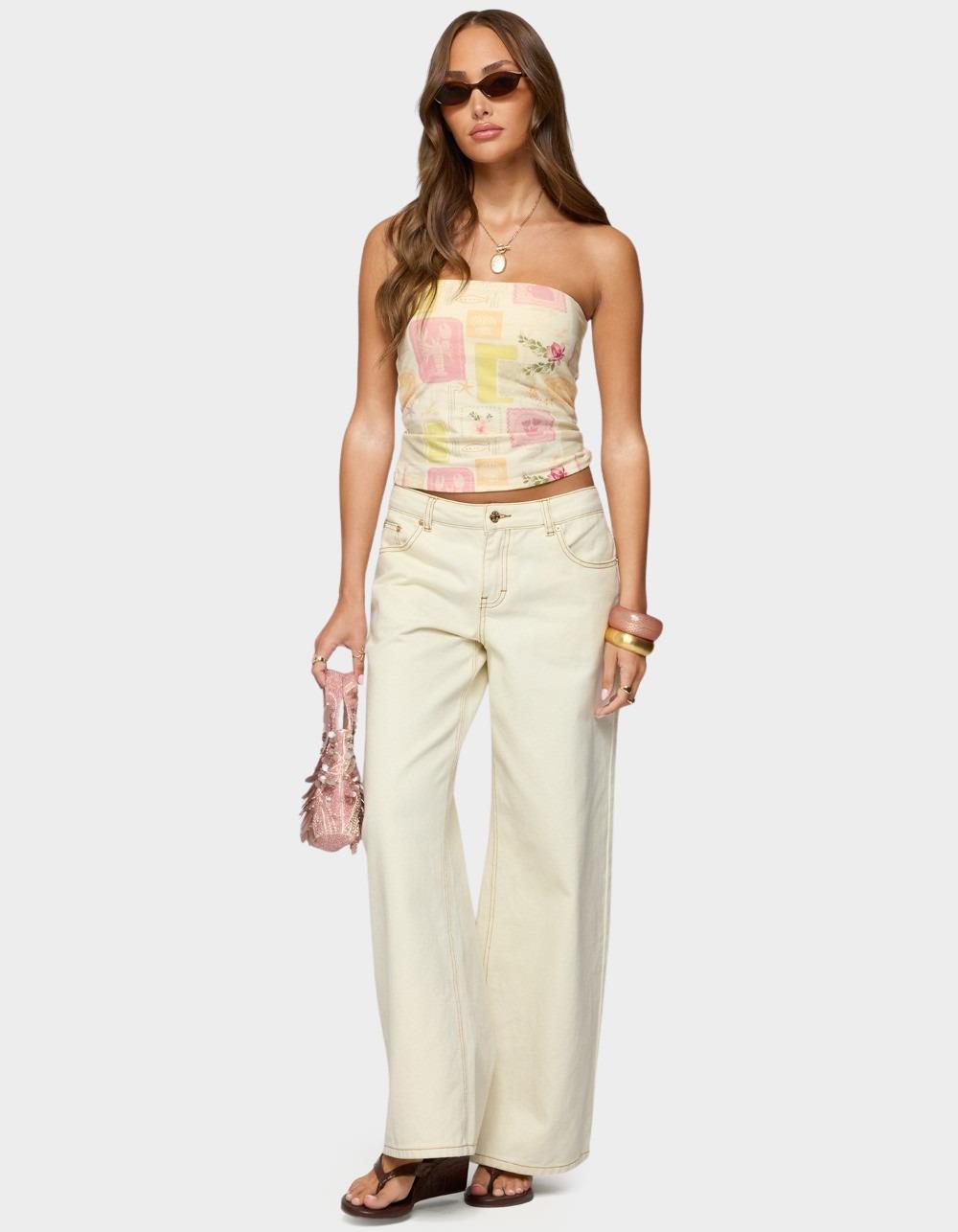 EDIKTED Cicilla Vintage Mixed Print Tube Top - BEIGE