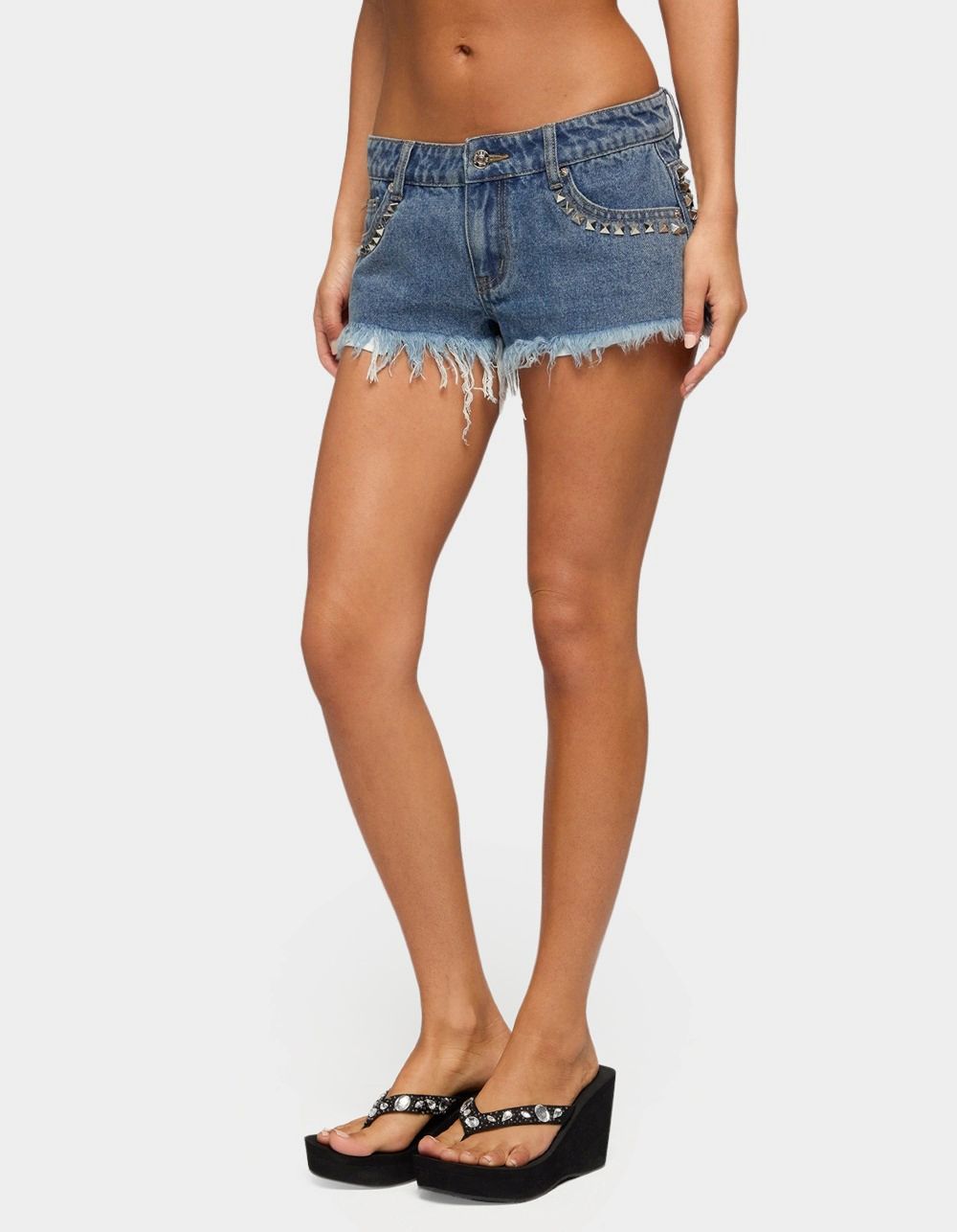 EDIKTED Studded Frayed Low Rise Denim Shorts - LIGHT BLUE