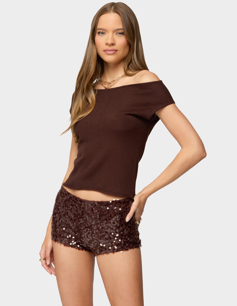 EDIKTED Holly Glitter Off Shoulder Top - DARK BROWN