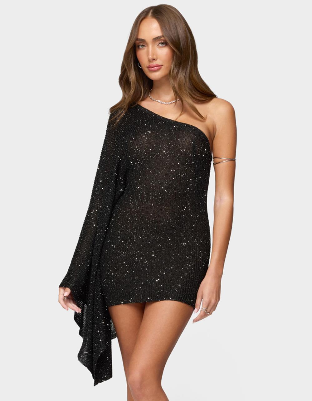 EDIKTED One Shoulder Sequin Knit Mini Dress - BLACK