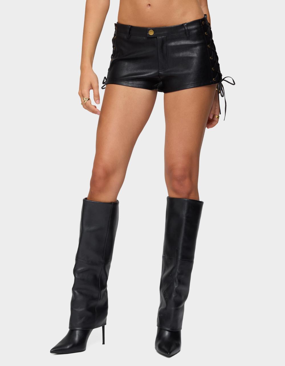 EDIKTED Kariss Lace Up Faux Leather Micro Shorts - BLACK