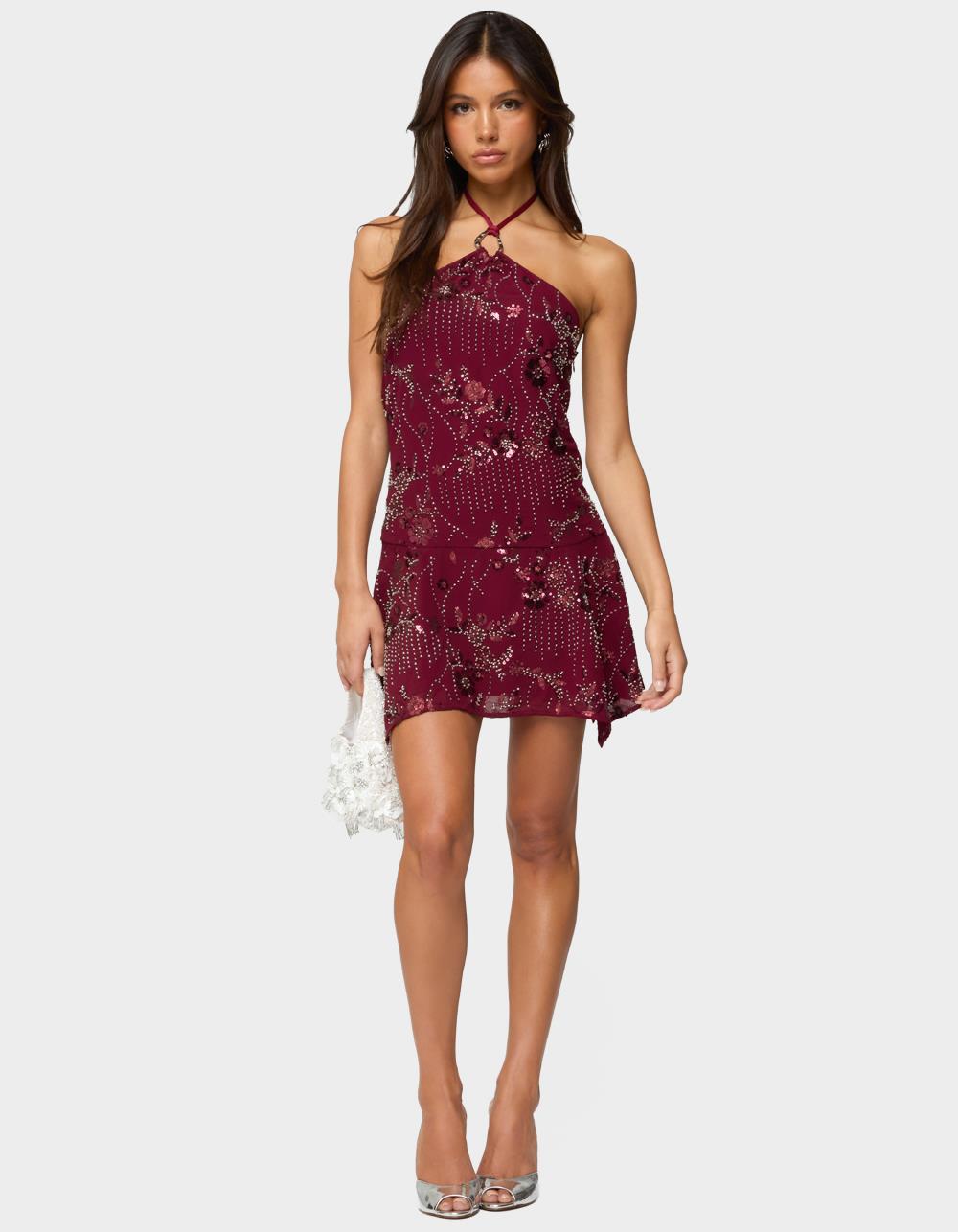 EDIKTED Adria Bead & Sequin Mini Dress - DK RED