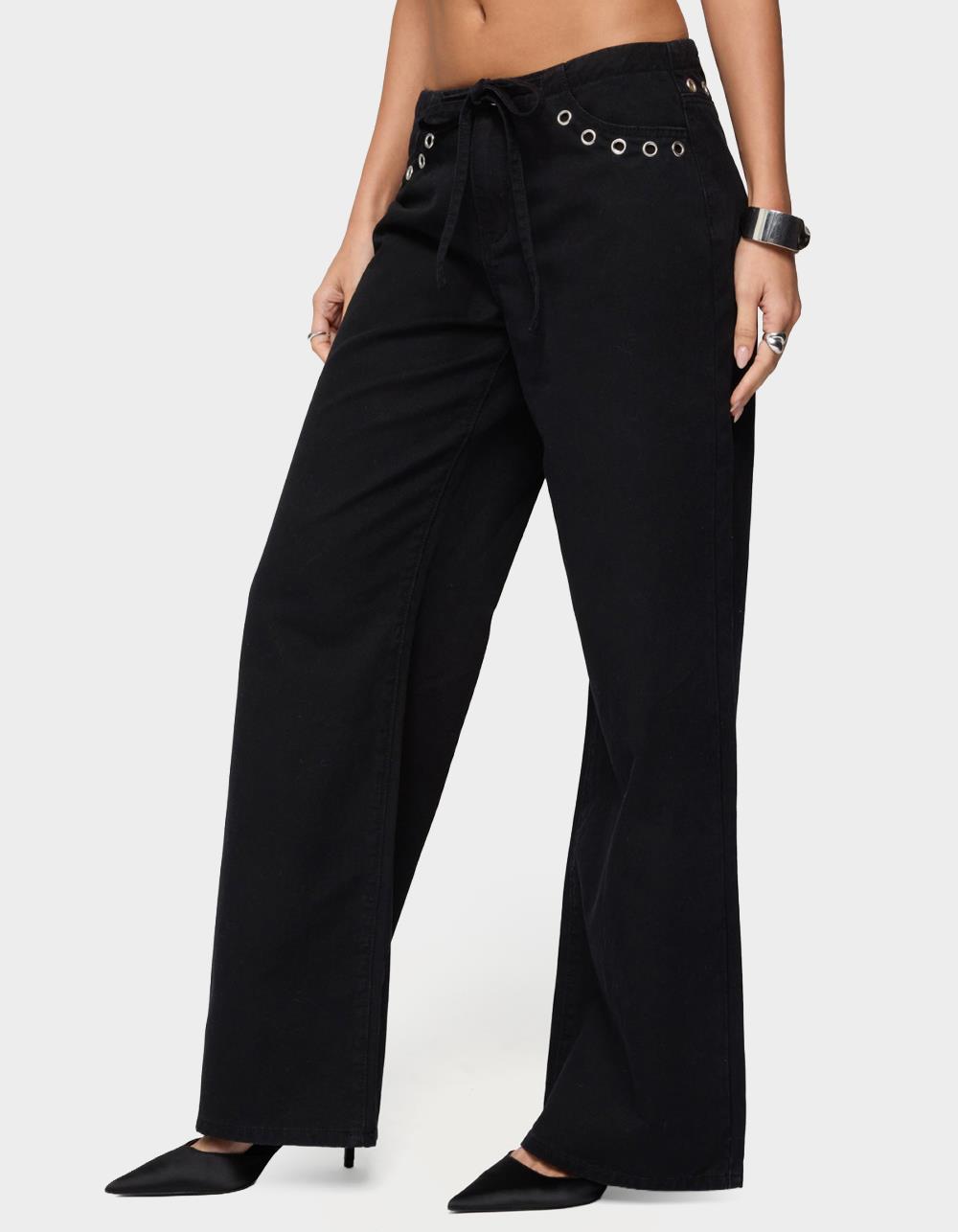 EDIKTED Grommet Tie Waist Low Rise Baggy Jeans - BLACK
