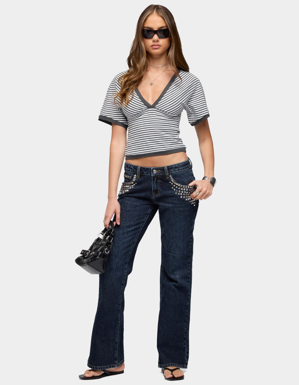 EDIKTED Primrosa Striped V-Neck Flutter Top - DARK GRAY