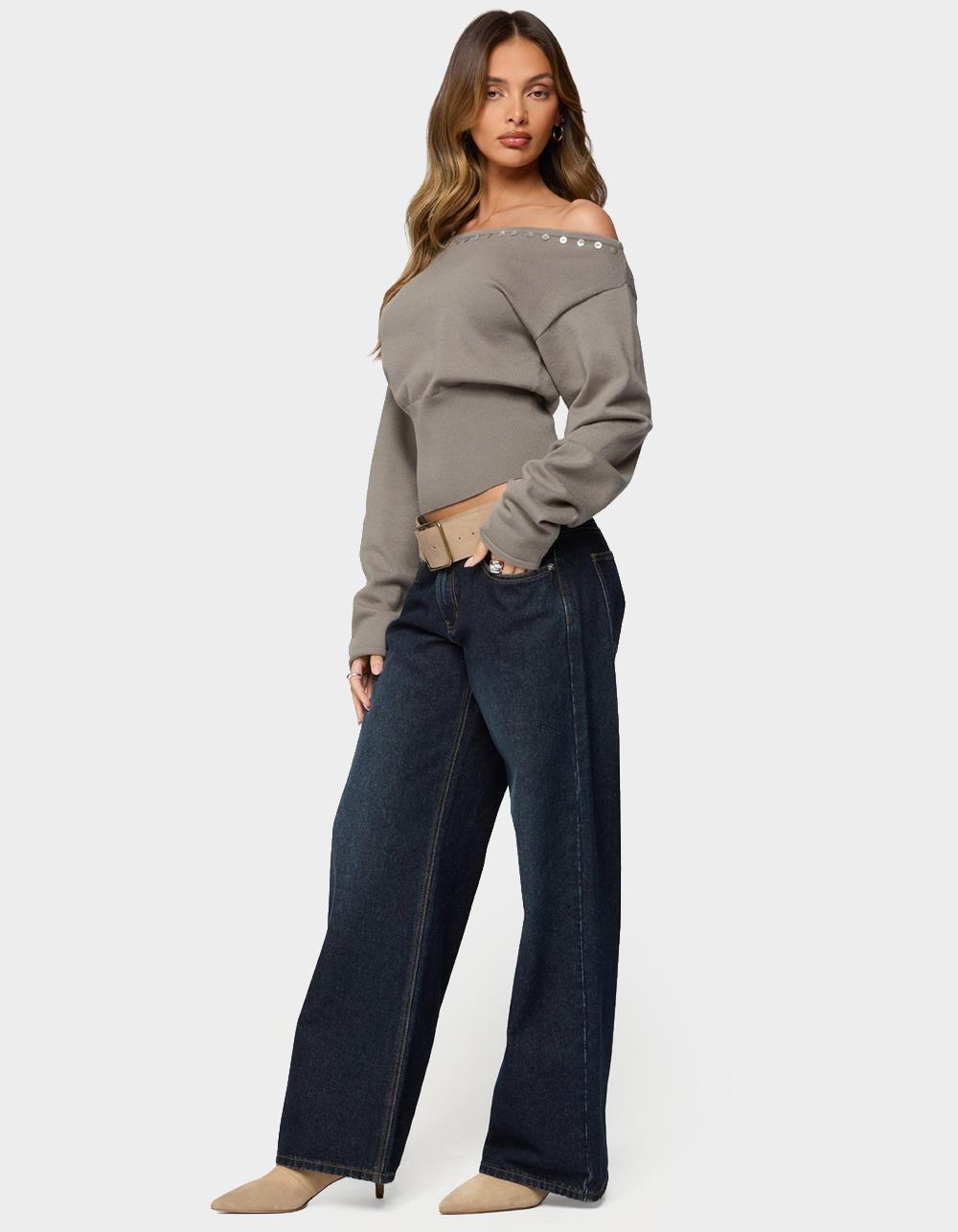 EDIKTED Carmela Iridescent Button Off Shoulder Sweater - DK GREEN