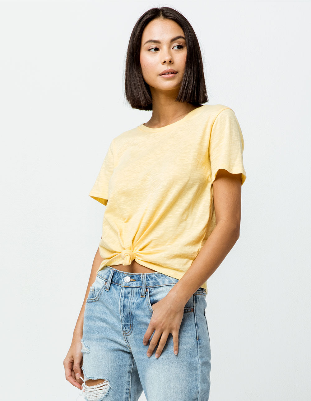 SKY AND SPARROW Solid Knot Front Yellow Womens Tee - YELLOW | Tillys
