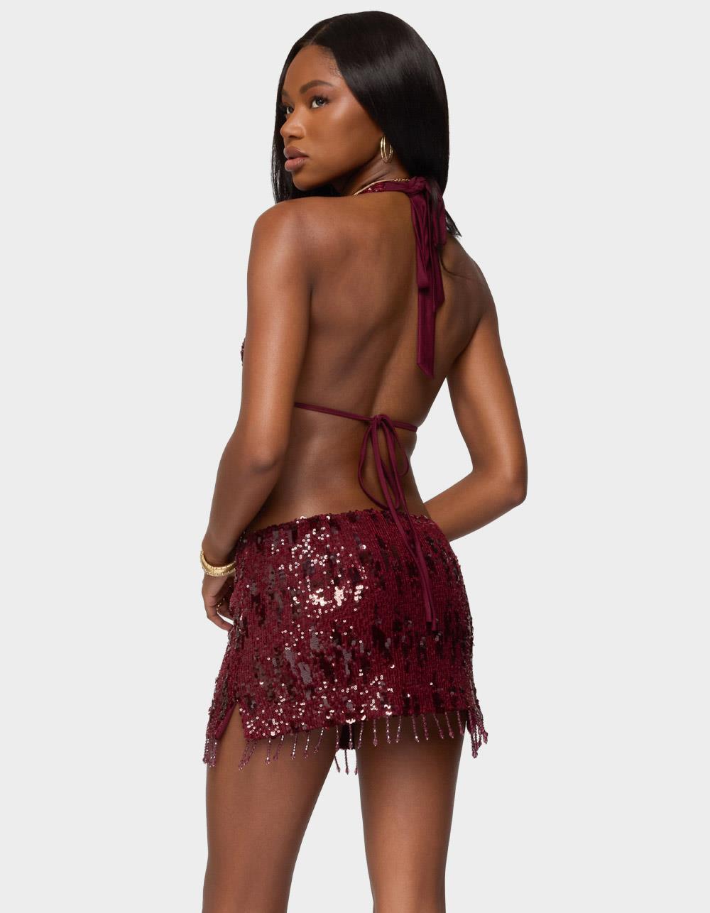 EDIKTED Dalis Fringed Sequin Split Front Top - DK RED