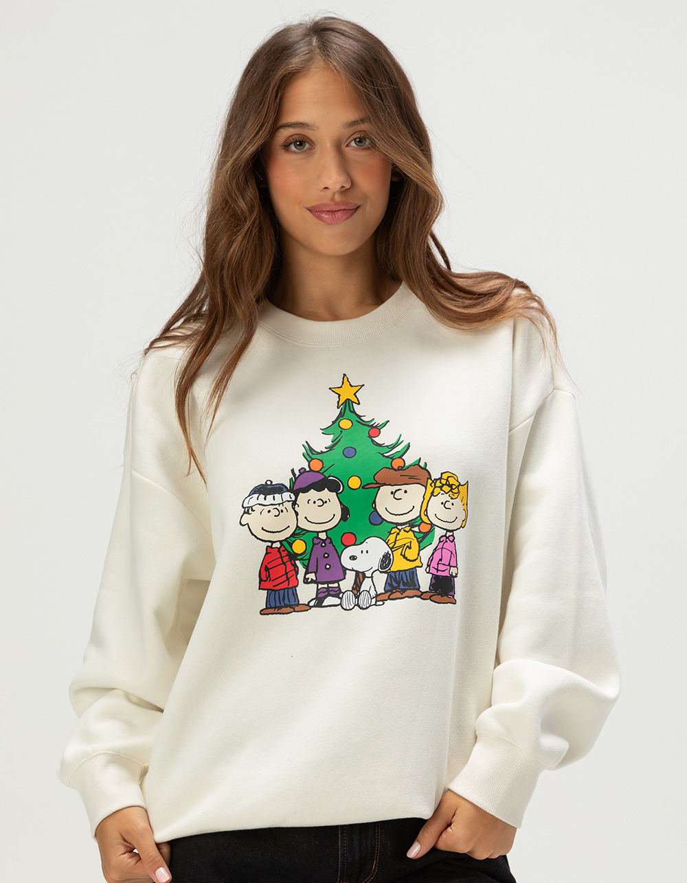 RSQ x Peanuts Christmas Tree Womens Crewneck Sweatshirt - CREAM