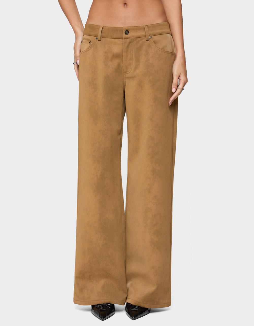 EDIKTED Stacey Low Rise Faux Suede Pants - BROWN
