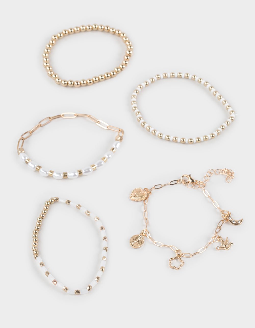 FULL TILT 5 Pack Beaded Heart/Pearl Bracelets - GOLD