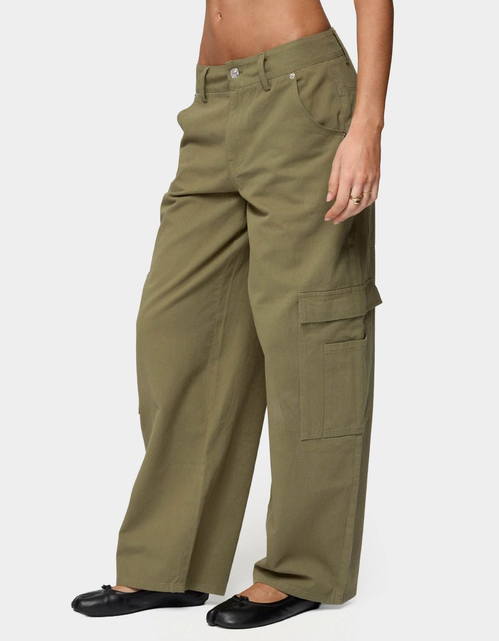 EDIKTED Jadah Low Rise Baggy Cargo Pants - DK GREEN