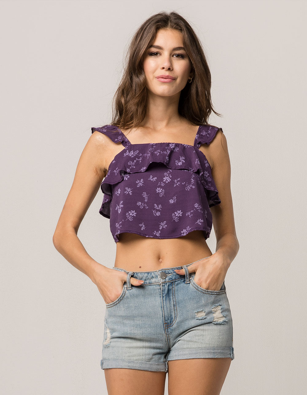 IVY & MAIN Floral Ruffle Womens Crop Tank Top image number 1
