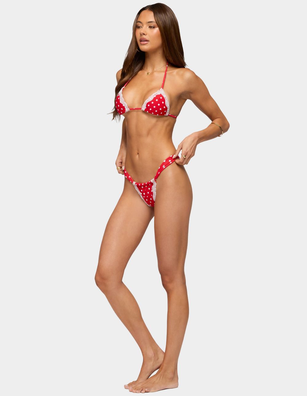 EDIKTED Bina Lacey Polka Dot Bikini Bottoms - RED