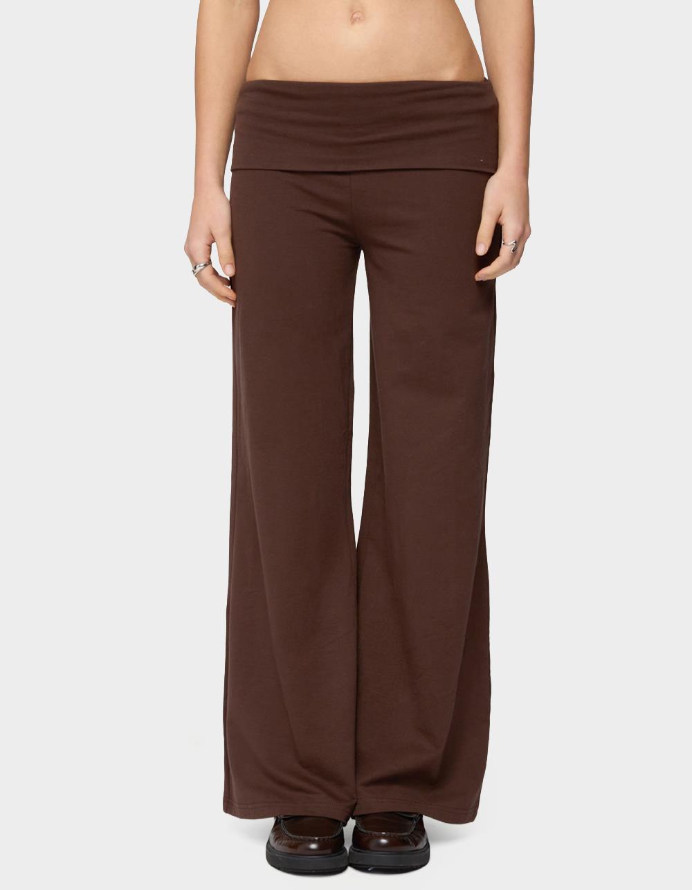 EDIKTED Petite Wide Leg Fold Over Pants - BROWN