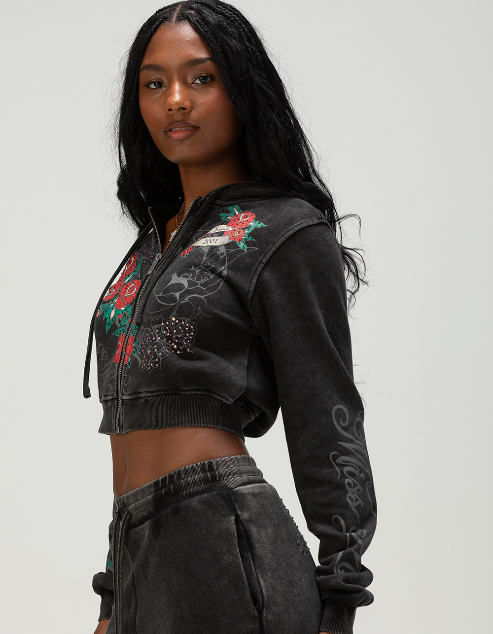 MISS ME Tattoo Womens Crop Zip-Up Rhinestone Hoodie - WASHED BLACK