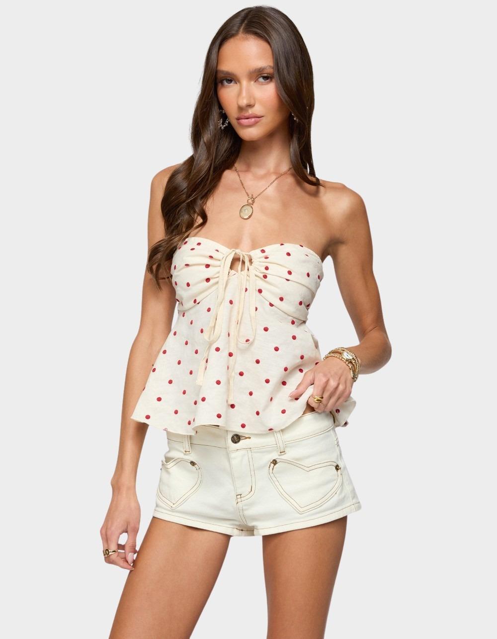 EDIKTED Izzey Polka Dot Strapless Babydoll Top