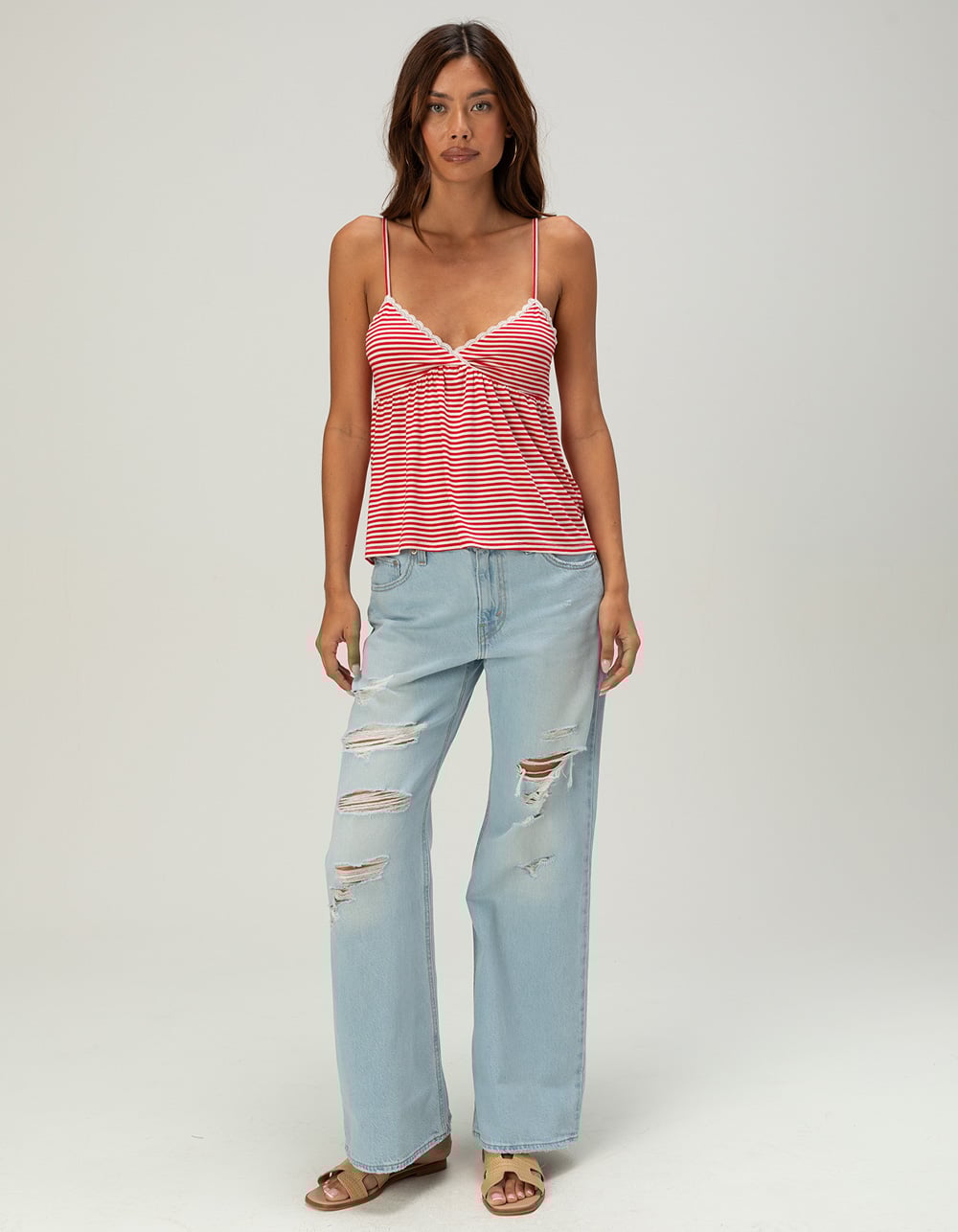 RSQ Womens Stripe Babydoll Top - RED/WHITE