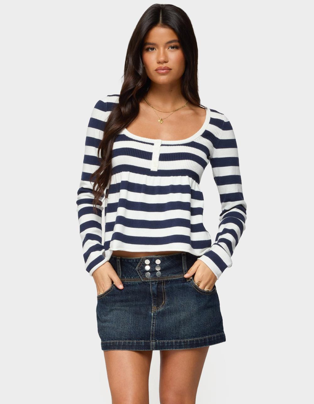 EDIKTED Lockie Striped Knit Babydoll Top - NAVY