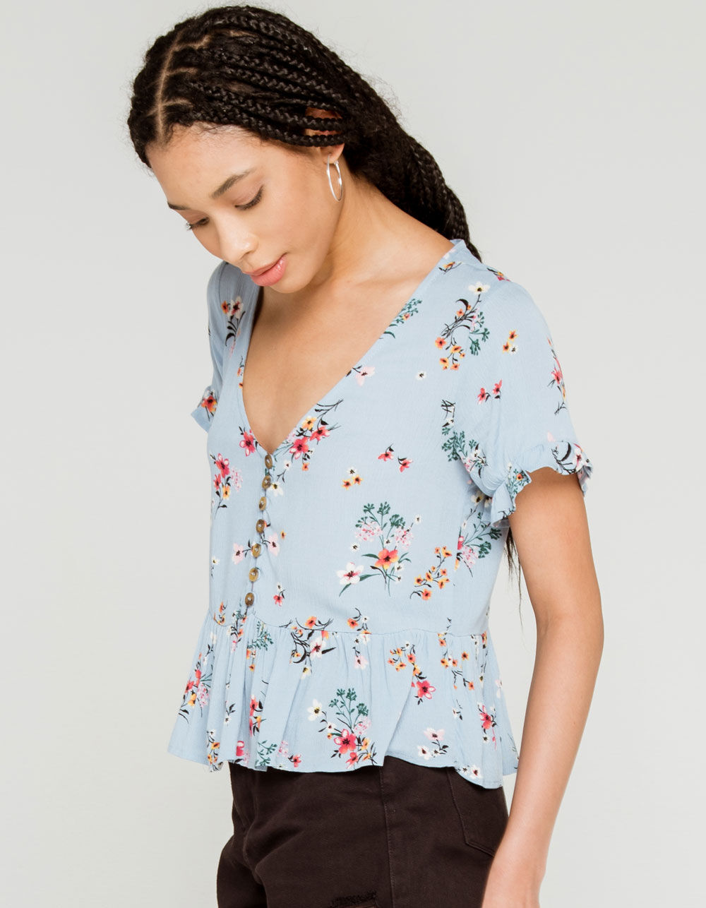 SKY AND SPARROW Floral Button Up Womens Babydoll Top image number 1