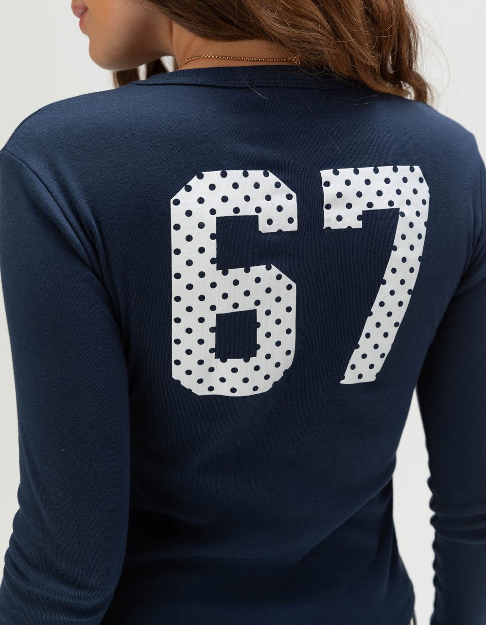 RSQ Womens 67 Dot Long Sleeve Baby Tee - NAVY