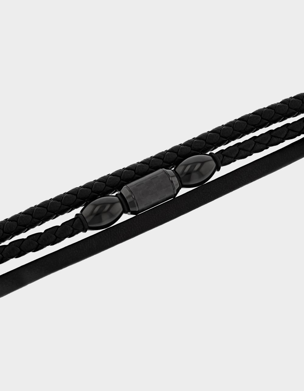 STEEL NATION Stainless Steel With Black IP Faux Leather Trio Bracelet - BLACK