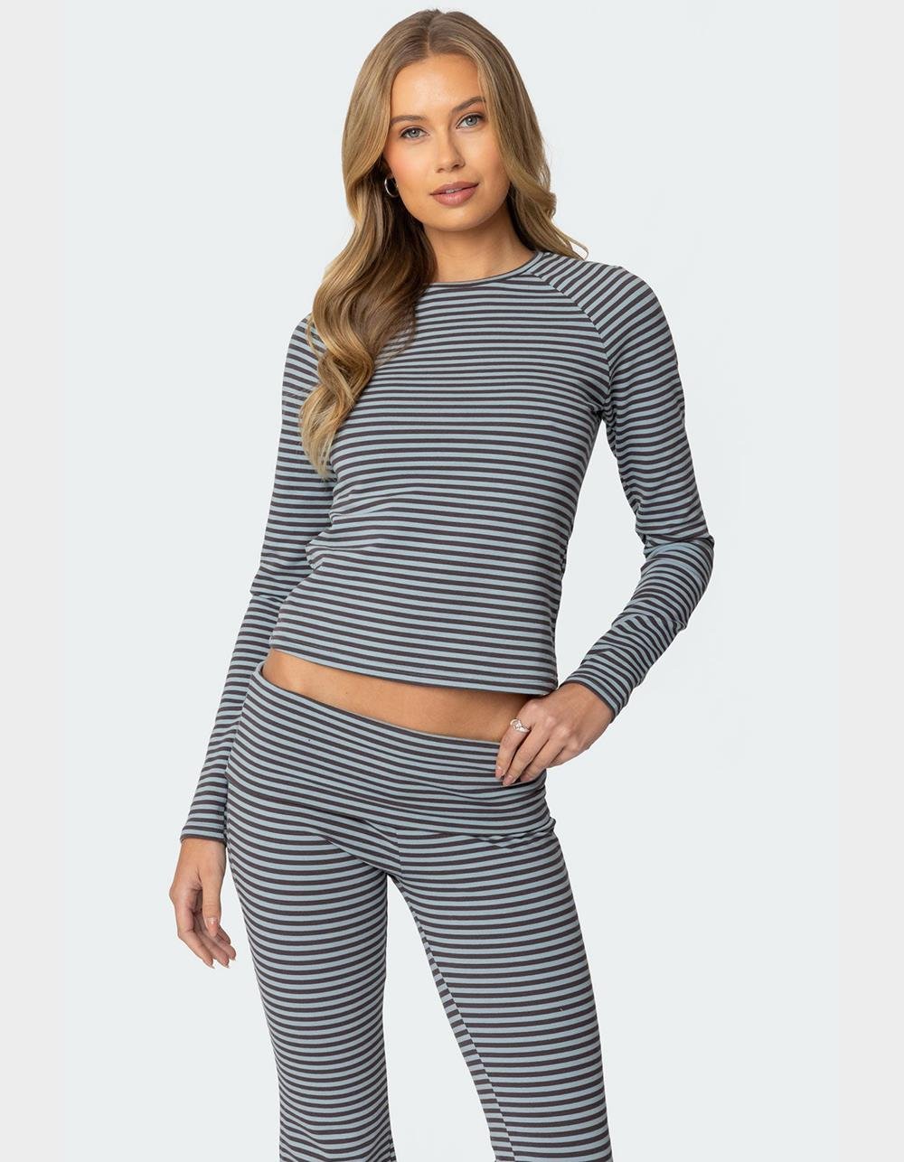 EDIKTED Kaeli Stripey Long Sleeve Tee - NAVY