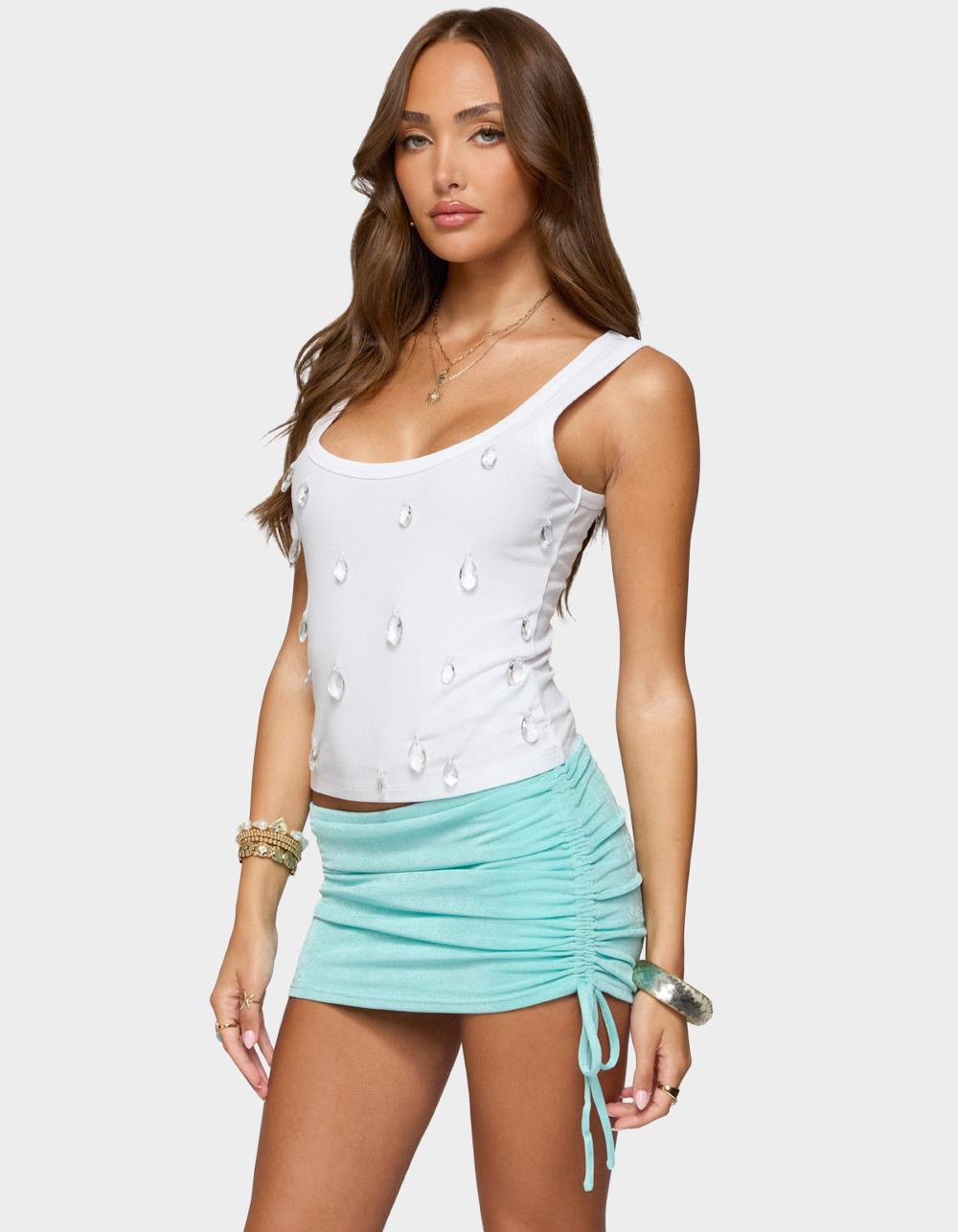 EDIKTED Zelena Faux Crystal Ribbed Tank Top - WHITE
