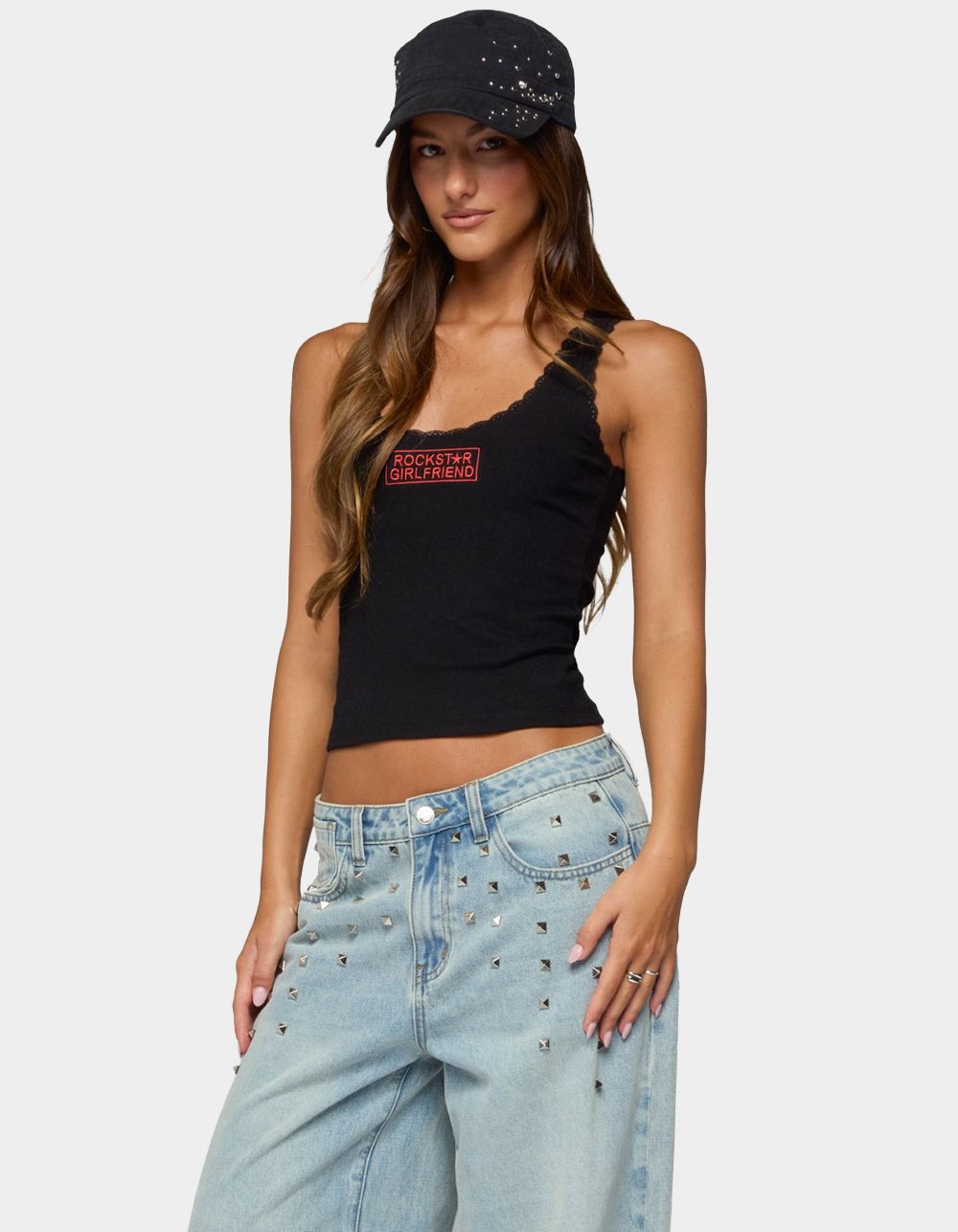 EDIKTED Rockstar Girlfriend Lacey Tank Top - BLACK