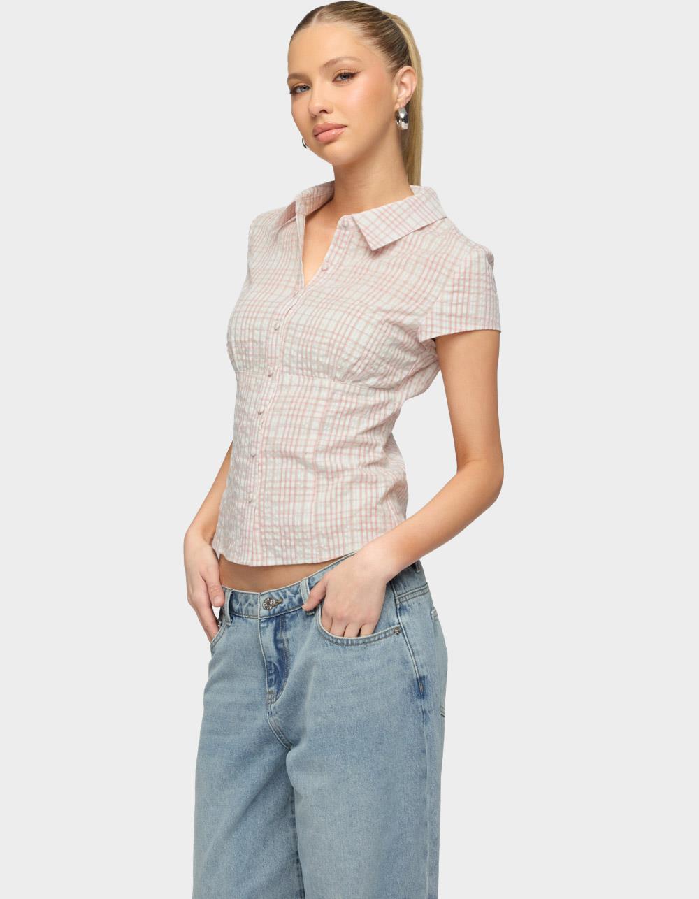 EDIKTED Naiah Plaid Tailored Button Up Shirt - LIGHT PINK