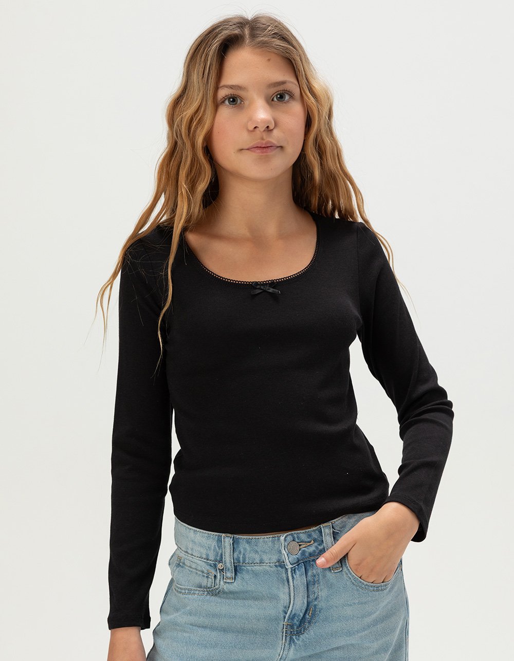 FULL TILT Bow Trim Girls Long Sleeve Tee