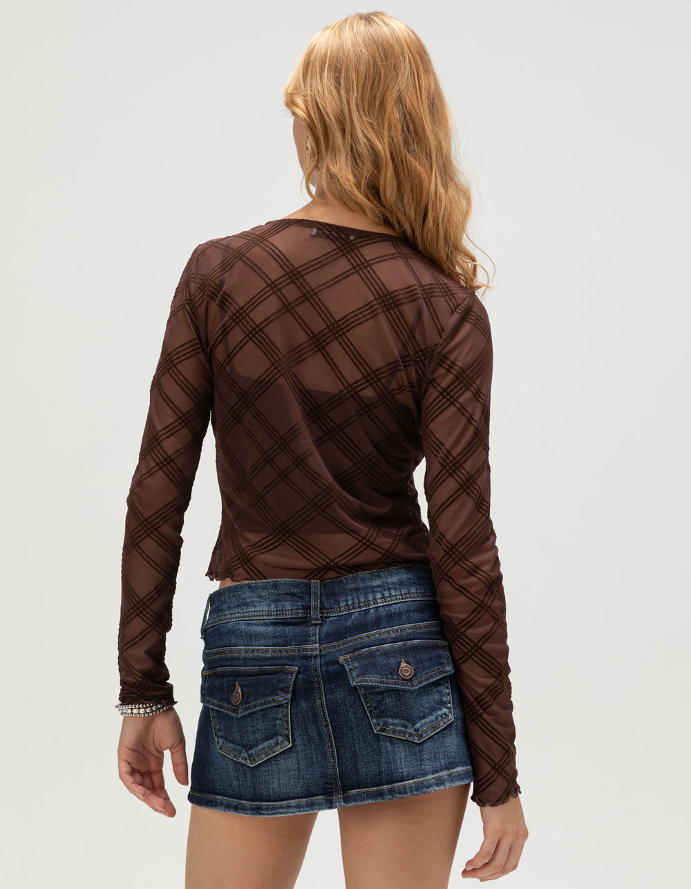 RSQ Womens Plaid Mesh Button Front Long Sleeve Top