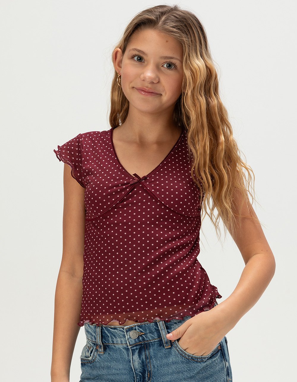 RSQ Girls Polka Dot Mesh Top - BURGUNDY