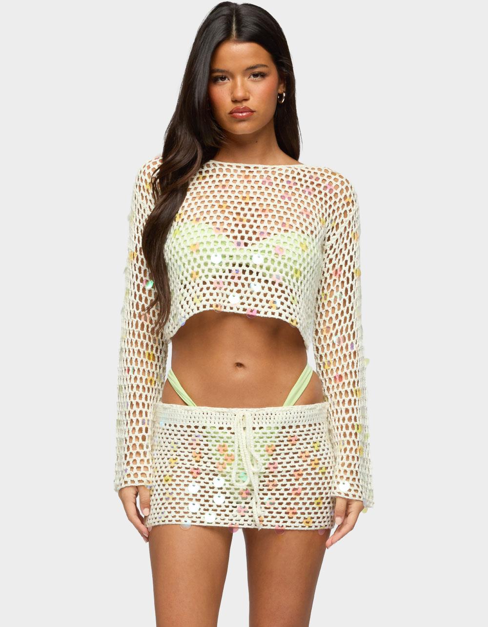 EDIKTED Kirah Sequin Crochet Top - BEIGE