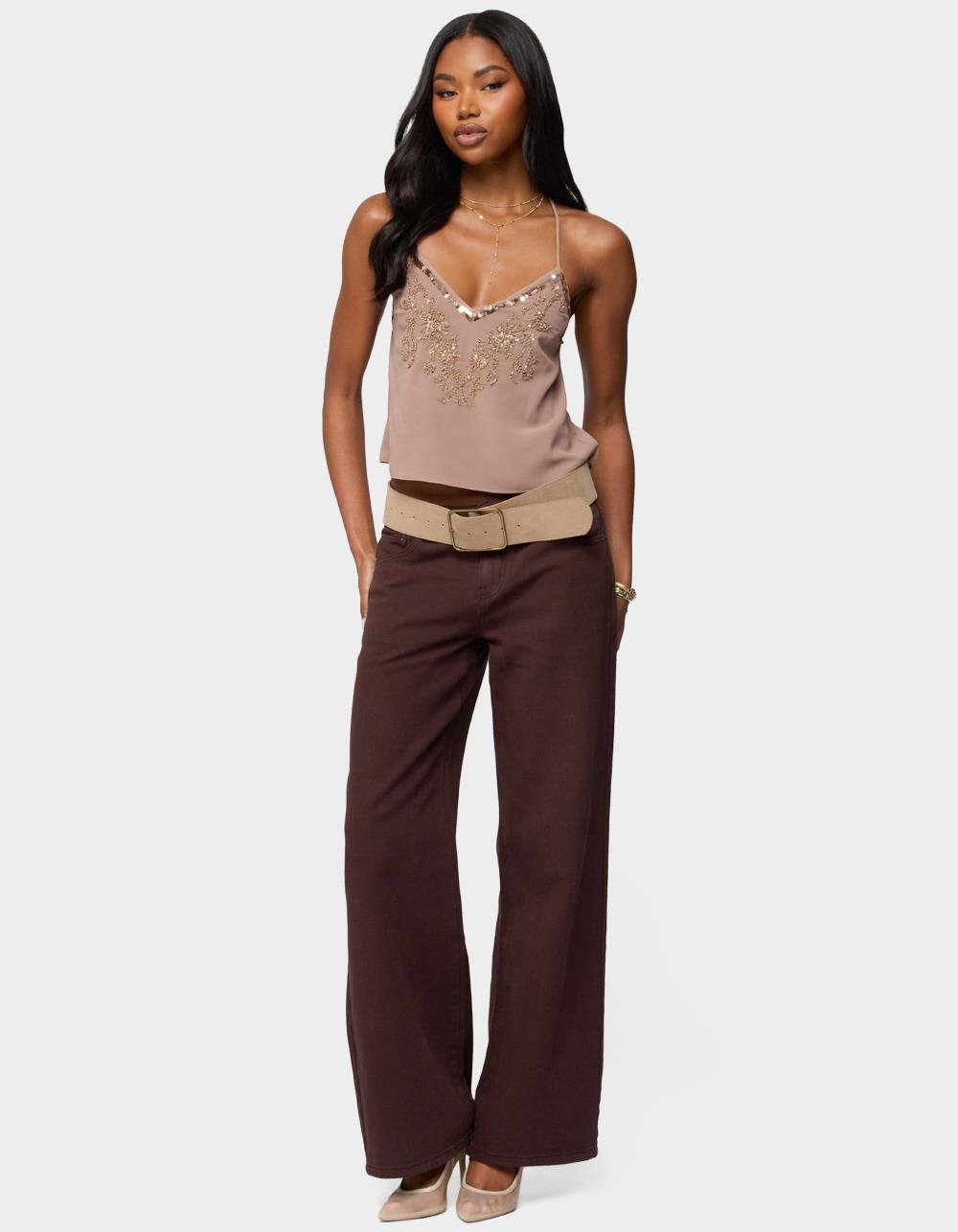 EDIKTED Sorina Embellished V-Neck Top - BROWN