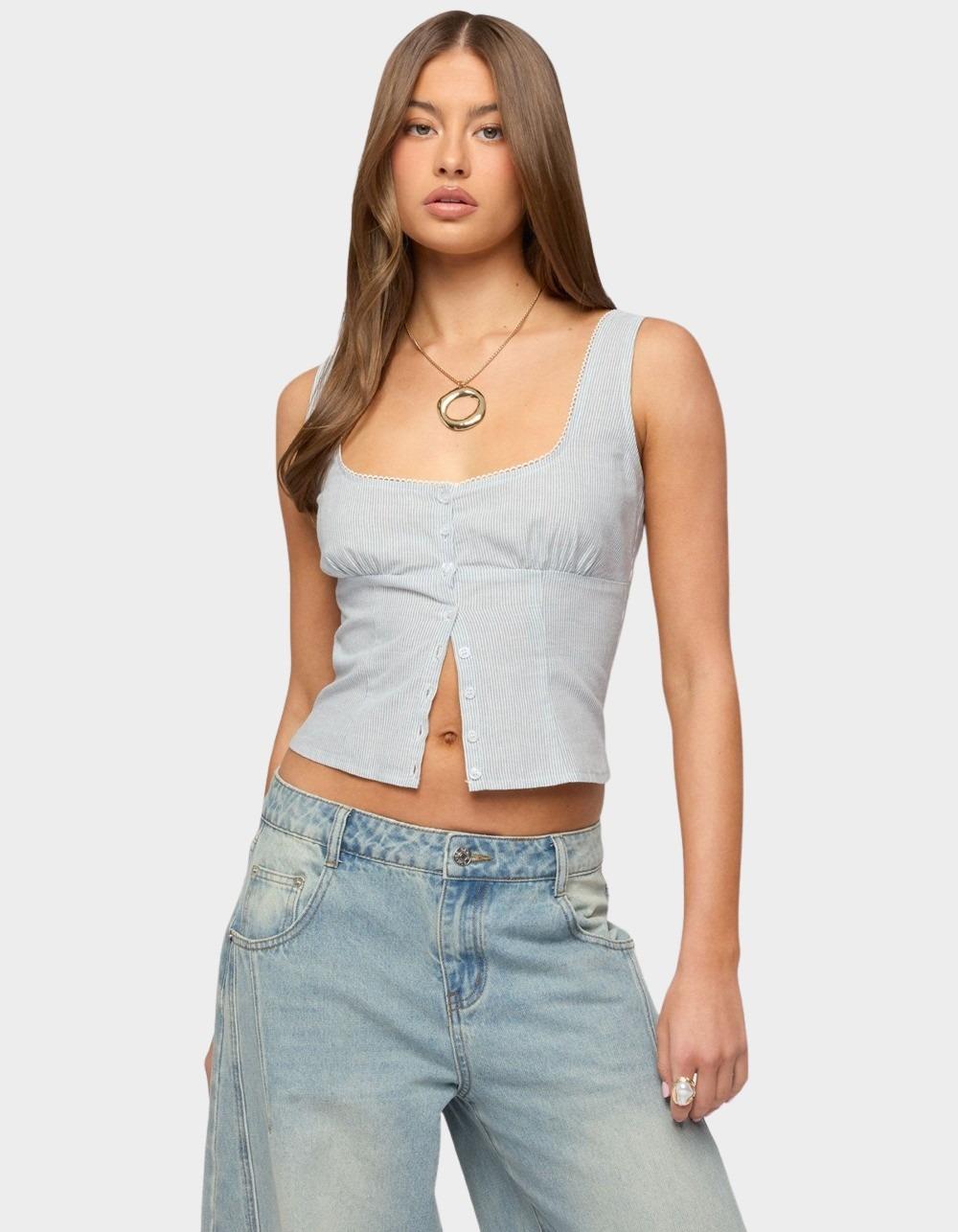 EDIKTED Katiya Pinstripe Button Up Top - LIGHT BLUE