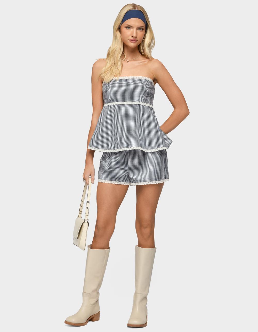 EDIKTED Ellie Lacey Gingham Shorts - NAVY