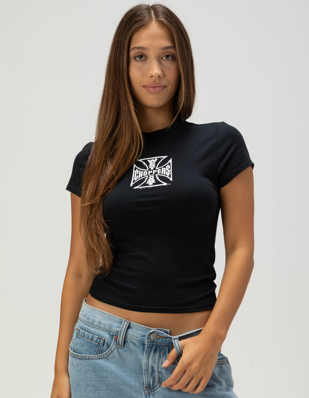 WEST COAST CHOPPERS Stroke Logo Womens Baby Tee - BLACK