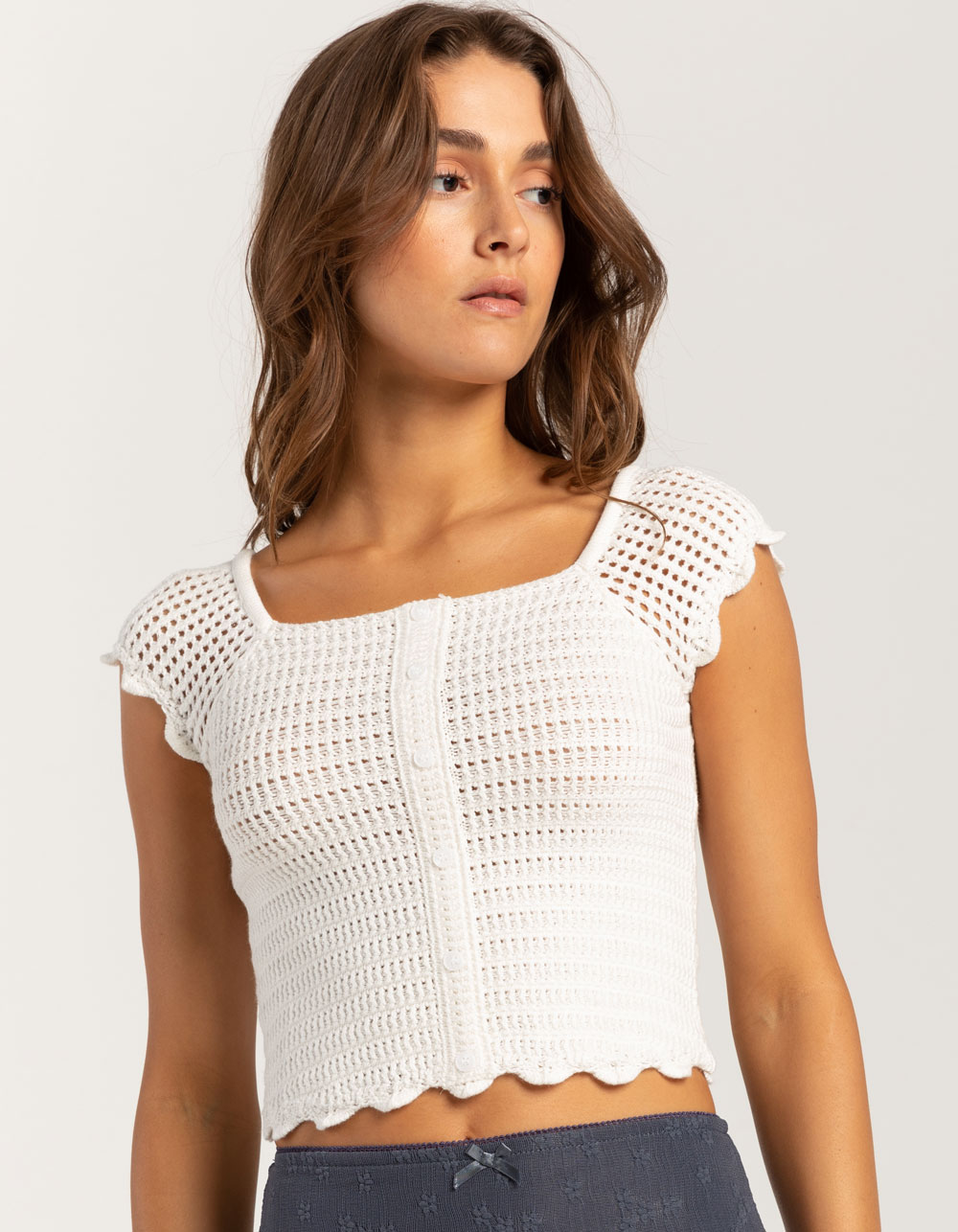 FULL TILT Open Knit Button Front Womens Sweater - WHITE