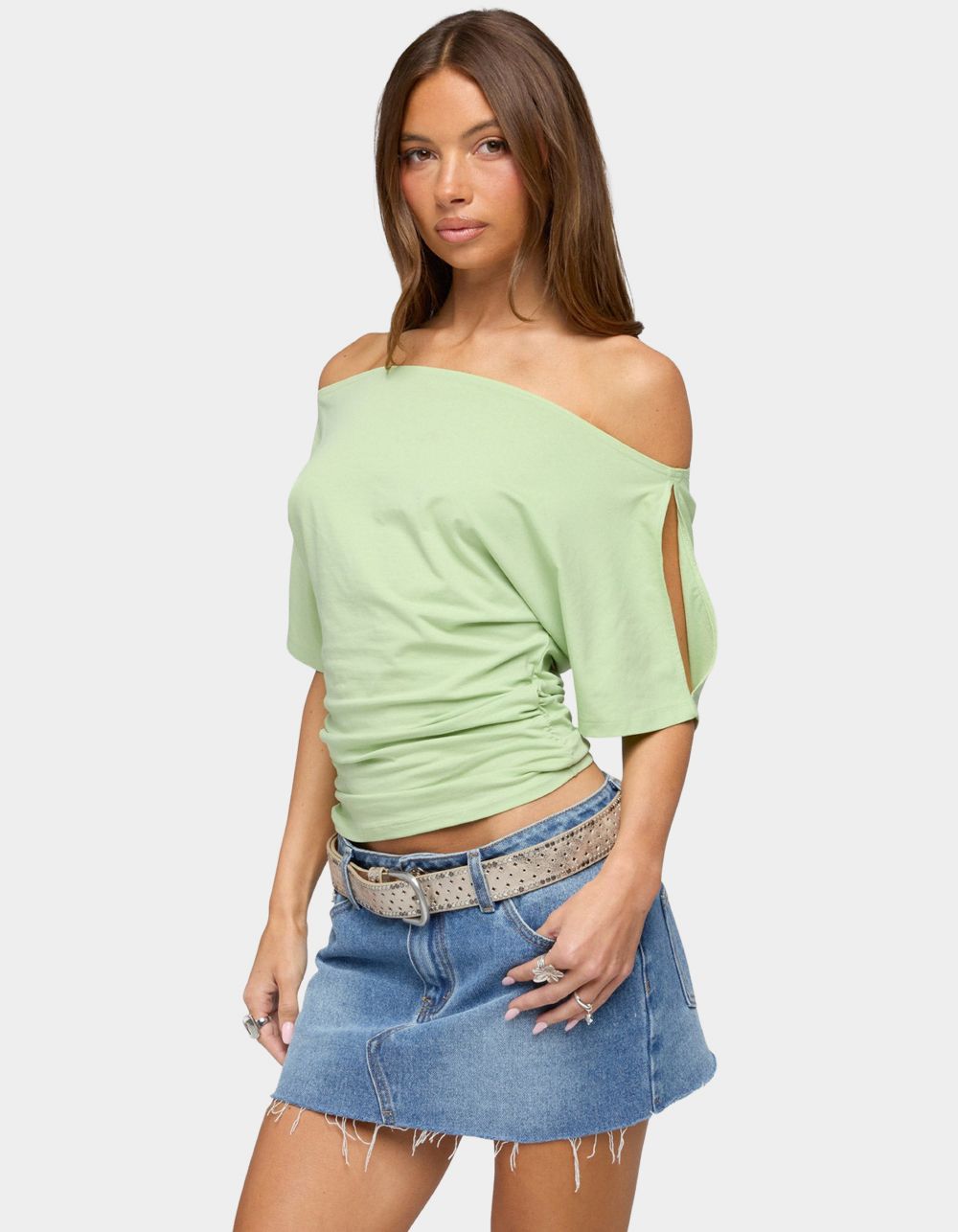 EDIKTED Feng Ruched Off Shoulder Cutout Top - DK GREEN