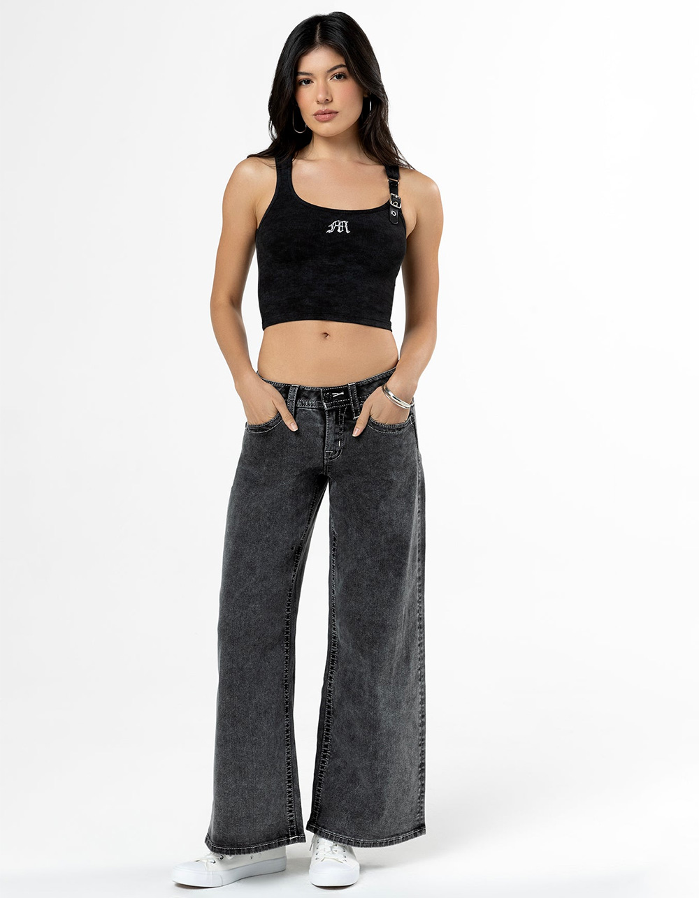 MISS ME Fleur Womens Mid Rise Wide Leg Jeans - WASHED BLACK