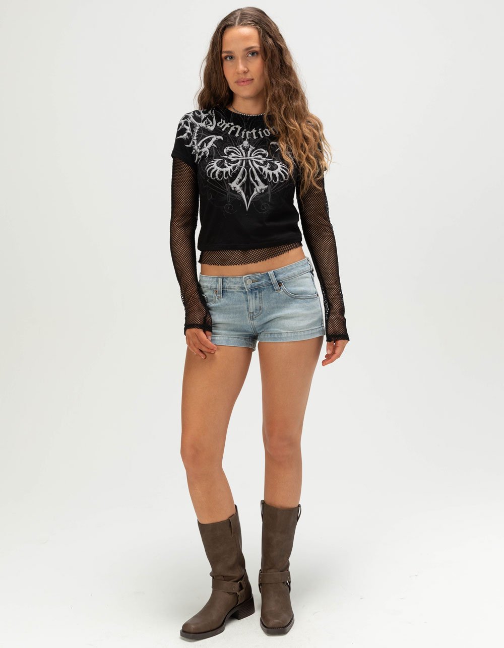 AFFLICTION Skeleton Womens Crop Long Sleeve 2fer Tee - BLACK