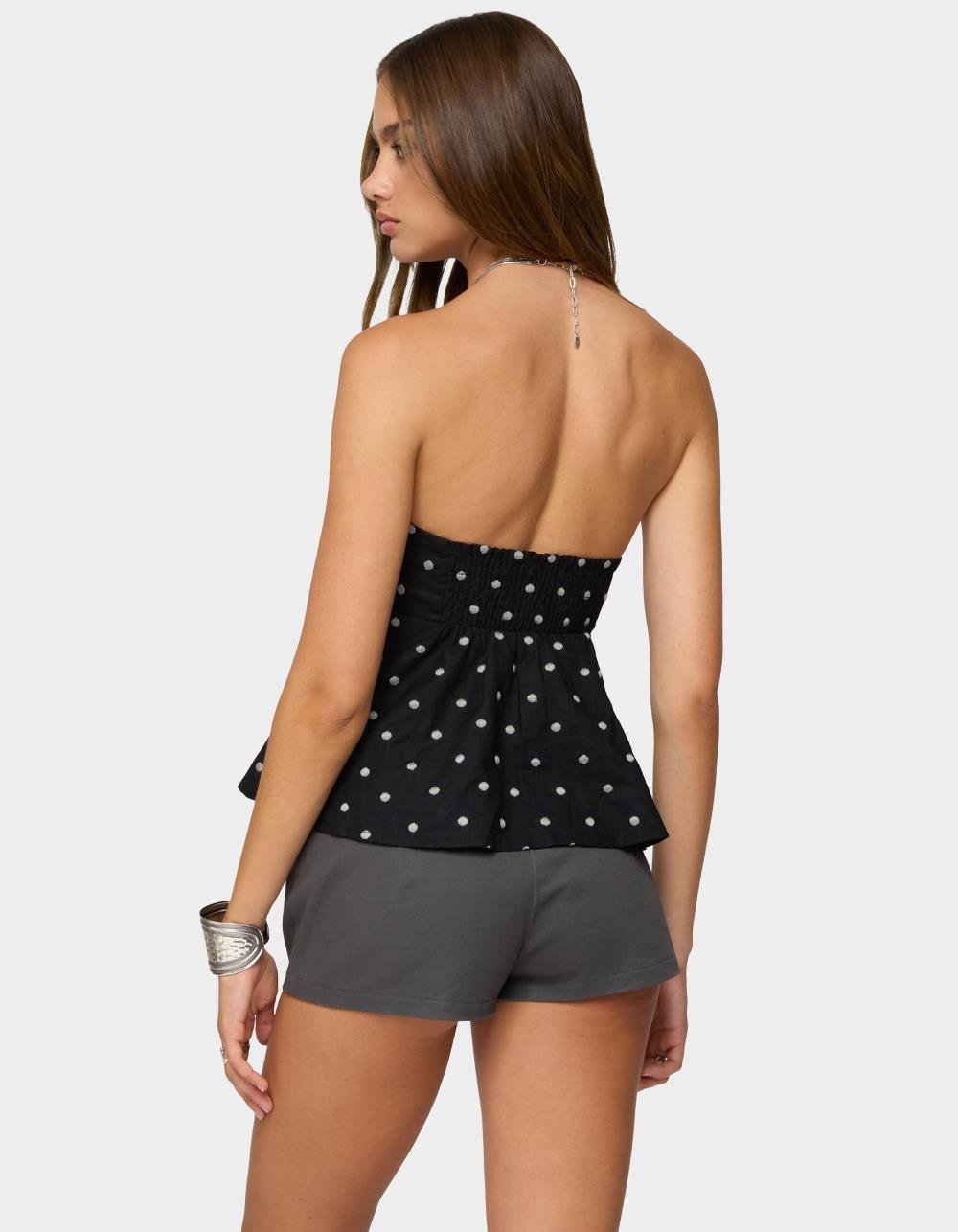 EDIKTED Izzey Polka Dot Strapless Babydoll Top - BLACK