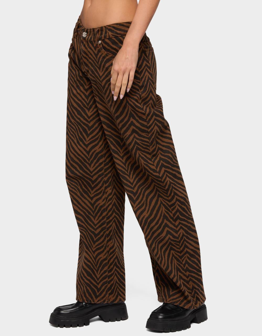 EDIKTED Zebra Print Low Rise Baggy Jeans - BROWN