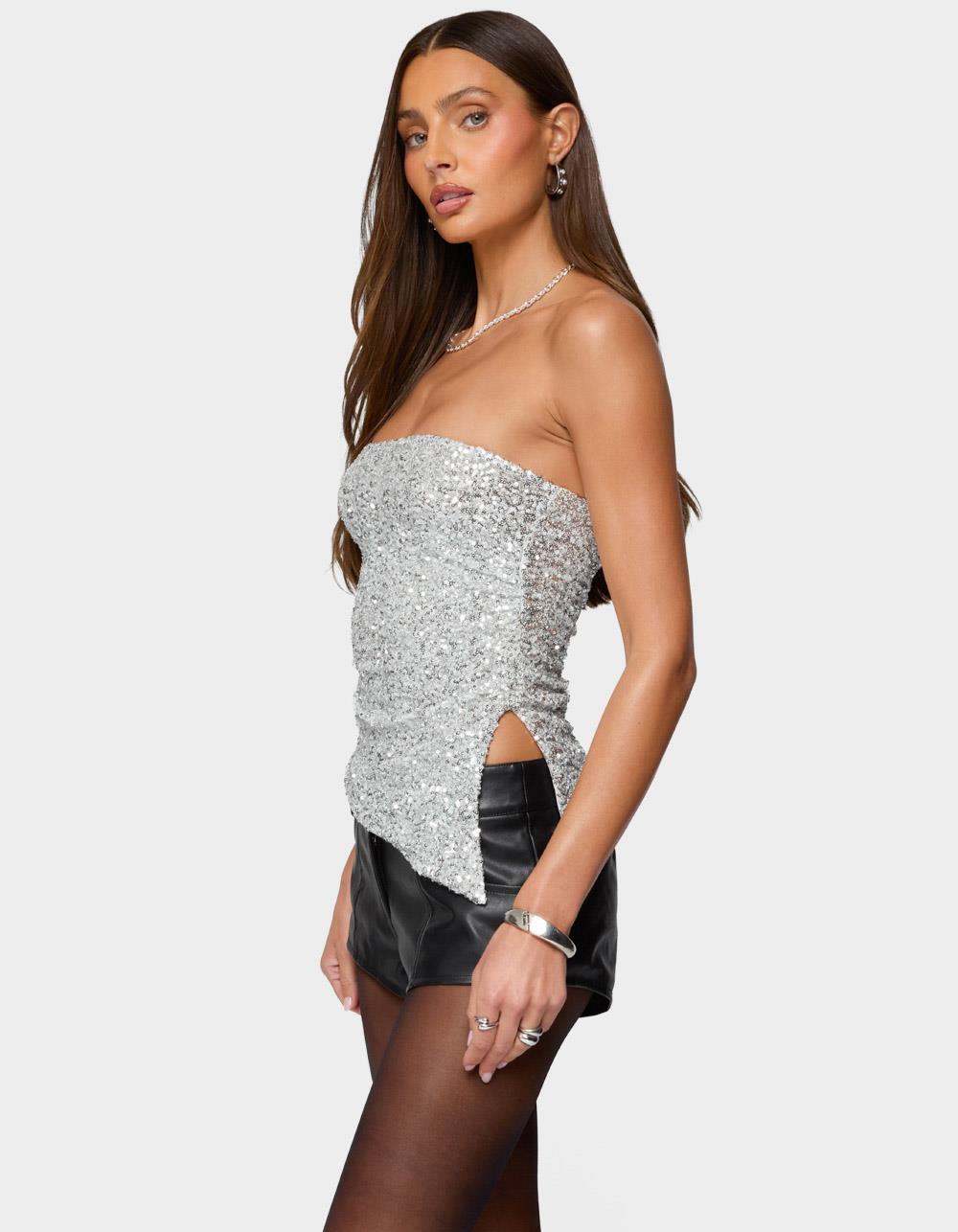 EDIKTED Sequin Asymmetric Slit Strapless Top - SILVER